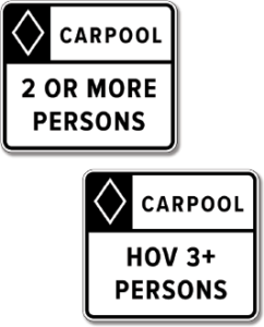 Carpool and HOV lane example signs - one says "carpool 2 or more persons" and the other "carpool HOV 3+ persons"