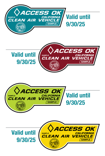 Teal, maroon, lime green, and yellow "ACCESS OK" California Clean Air Vehicle sticker samples. All valid until 9/30/25.