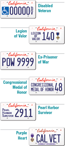 A variety of images of example veteran plates - disabled veteran, legion of valor, ex-prisoner of war, congressional medal of honor, pearl harbor survivor, and purple heart